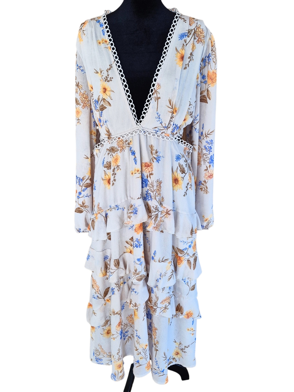 Forever 21 Light Blue Floral Tiered Maxi Dress with Yellow & Blue Blooms